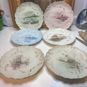 6 Hand Painted Plates Wetland Scenes Vtg J.P. Limoges France 6”W